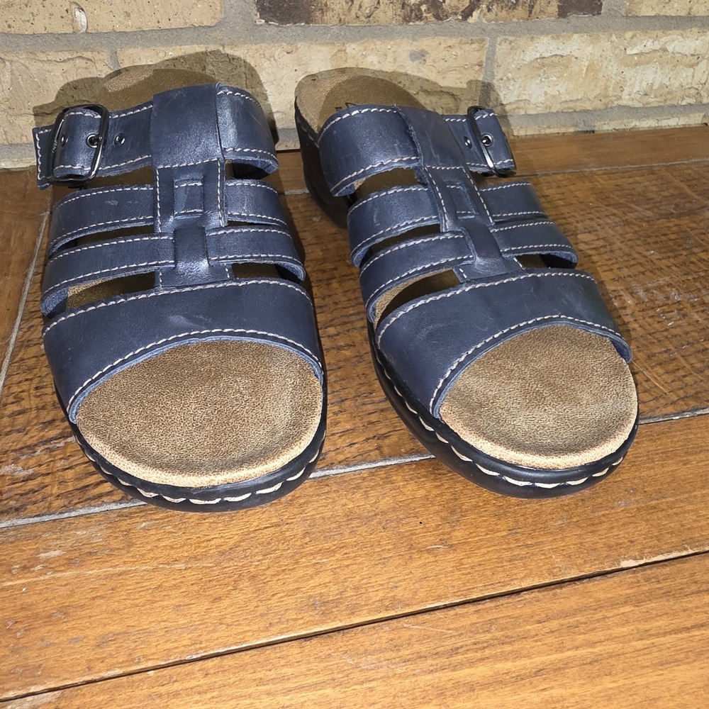 Clarks Womens Lexi Alloy Blue/Grey Leather sandal slides size 11M